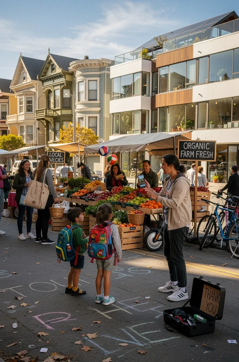 Modern residential neighborhood featuring smart streetlights and community Wi-Fi hubs illustrating technological advancements in urban living in California.