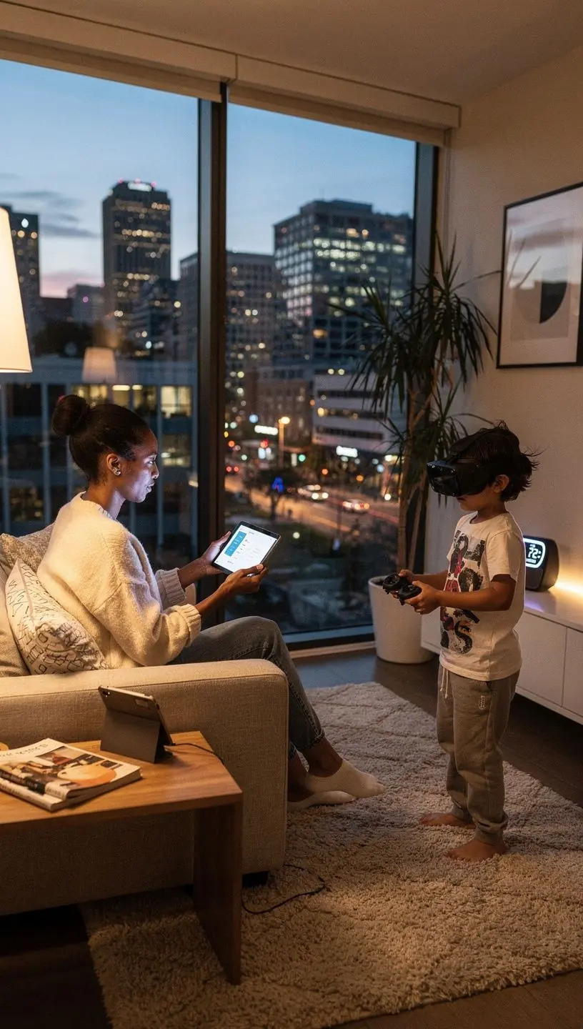 Modern smart home devices integrated in a residential living room setting in California.